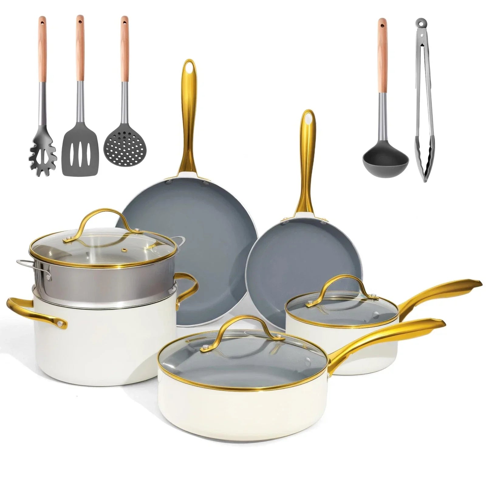 14-Pc Ceramic Nonstick Cookware Set in Cream & Gold | Healthy Pots & Pans Strong