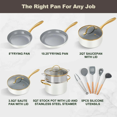 14-Pc Ceramic Nonstick Cookware Set in Cream & Gold | Healthy Pots & Pans Strong